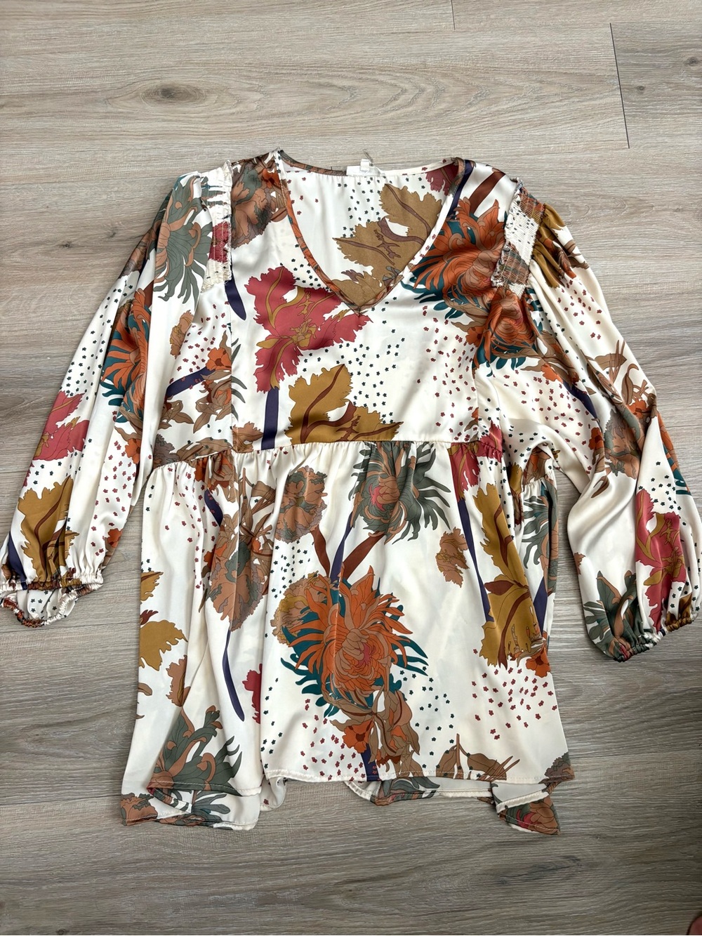 entro Floral V-Neck Peasant Tunic in Ivory, Rust, Mustard, Teal